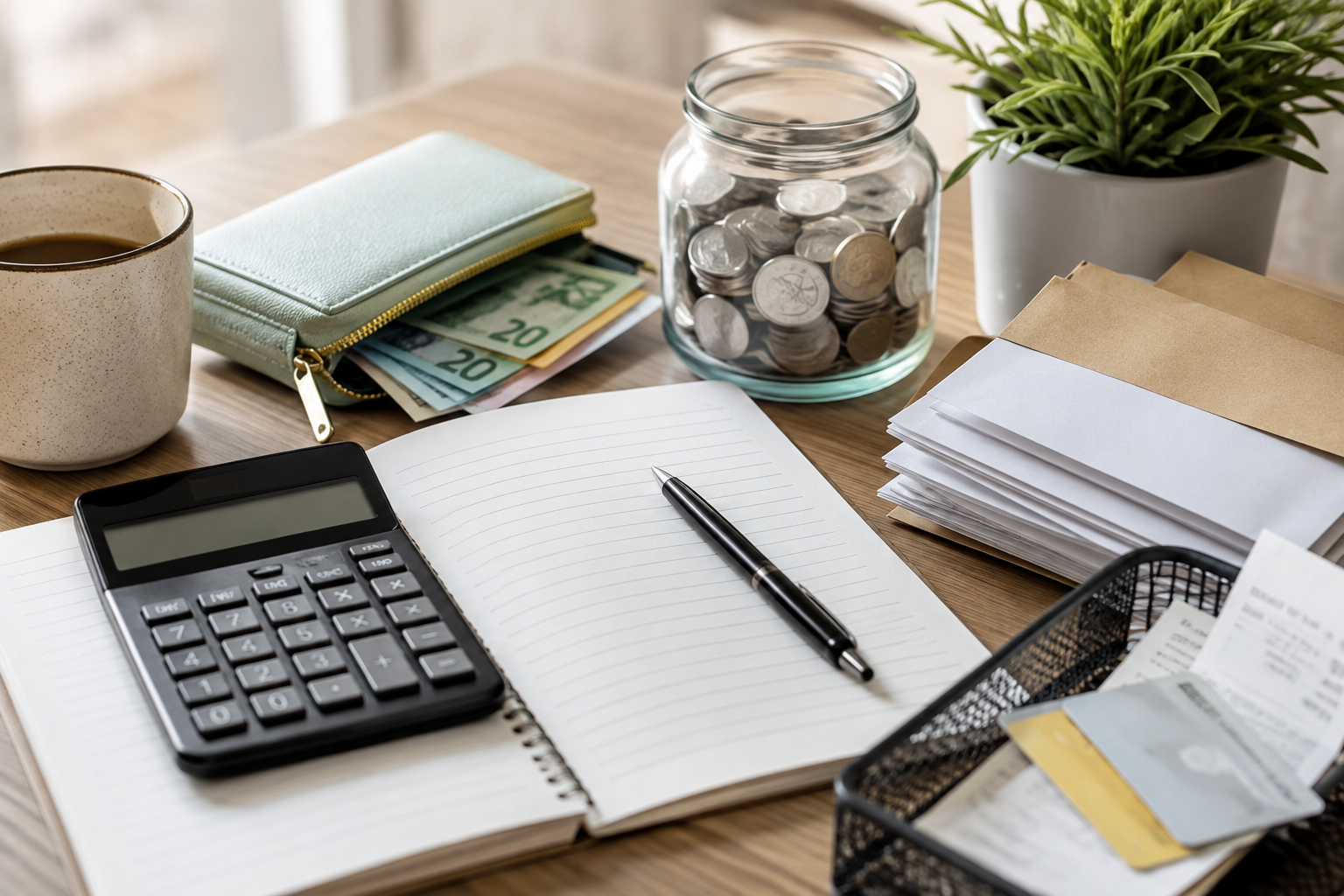 Notebook, calculator, at mga gastusin sa bahay na inaayos para sa budget
